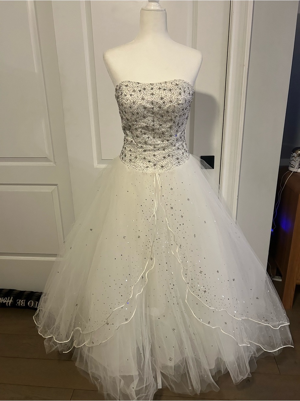 Mori Lee White Strapless Beaded Tulle Prom Gown